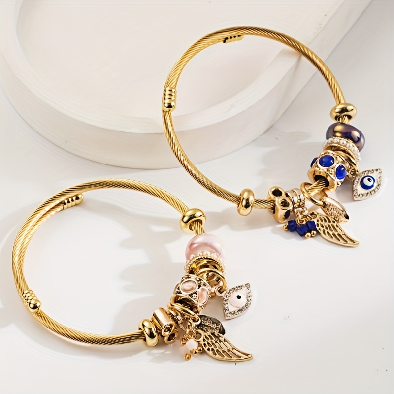 Angel & Demon Eye Charm Bracelet Crystal Pearl Rhinestone Plating